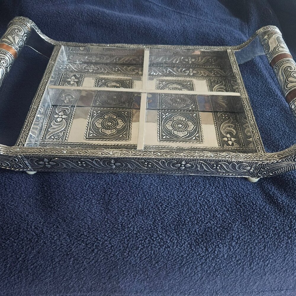 Handmade Wooden Serving Tray with silver work art handcrafted